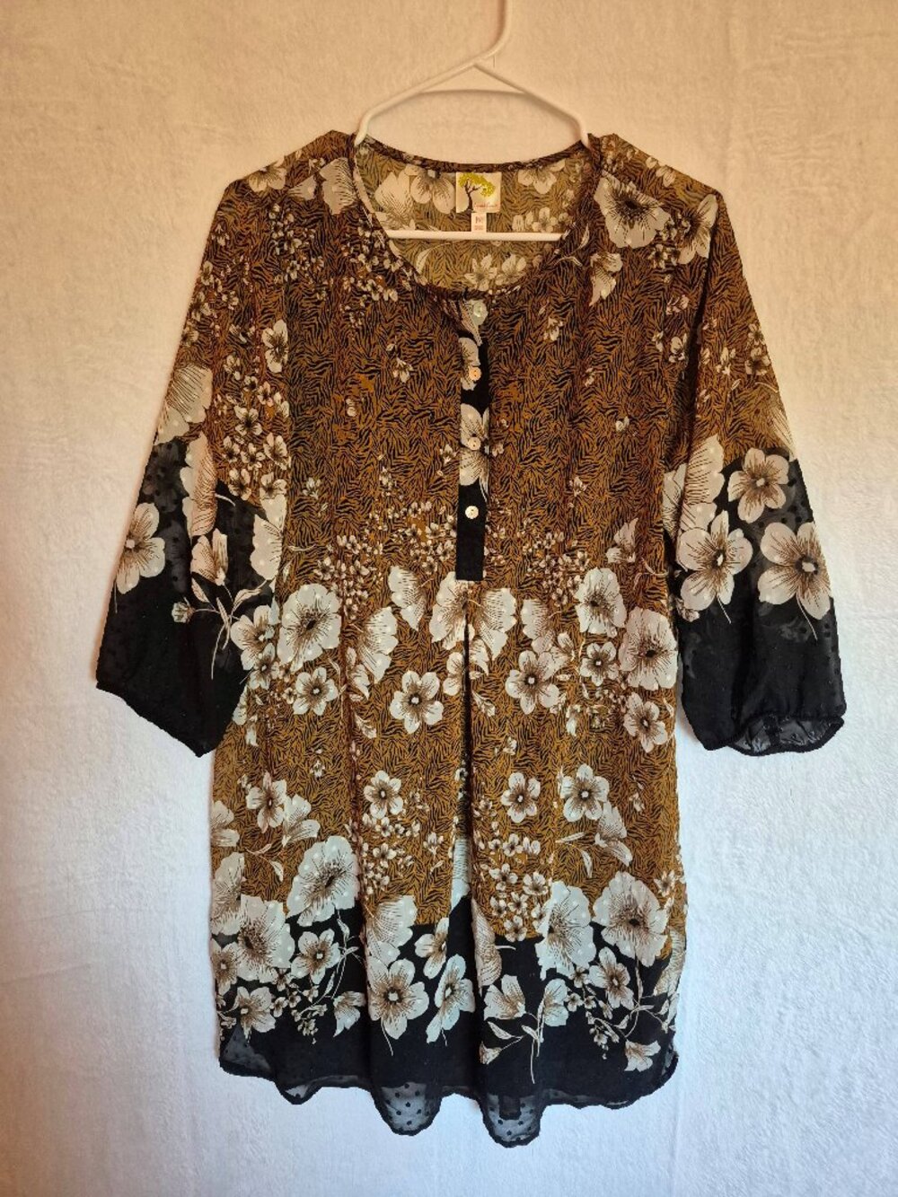 Fig & Flower Tunic Mini Dress Sz M Floral Swiss Dot Lined Boho Cottagecore Fall